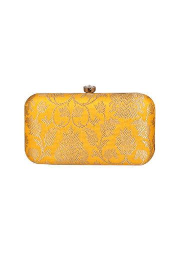 Sunshine Yellow Brocade Box Clutch with Sling (8 X 2 X 4.5)